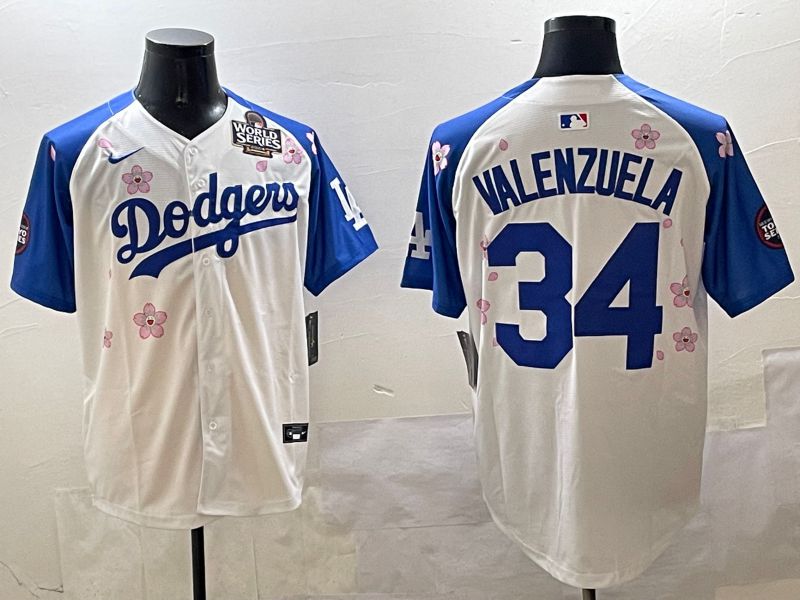 Men Los Angeles Dodgers 34 Valenzuela White Blue Sakura Edition 2025 Nike MLB Jersey style 3